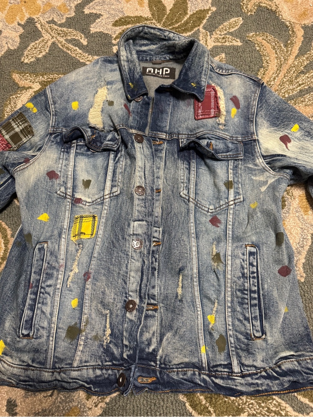 AHP Distressed Women's Jean Jacket with Multicolor Paint Accents - Blue